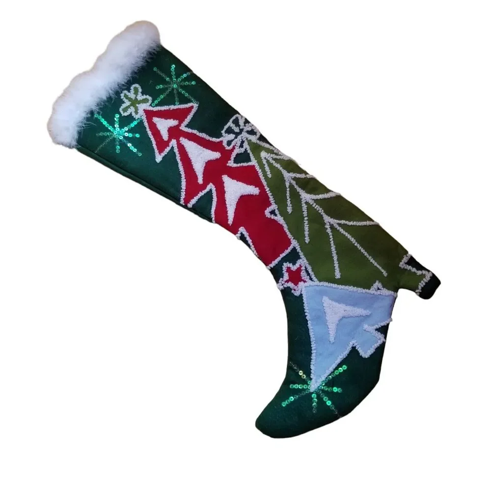Pier 1 Imports Christmas Stocking High Heel Shoe 22” x 9” Feather Trim Sequins